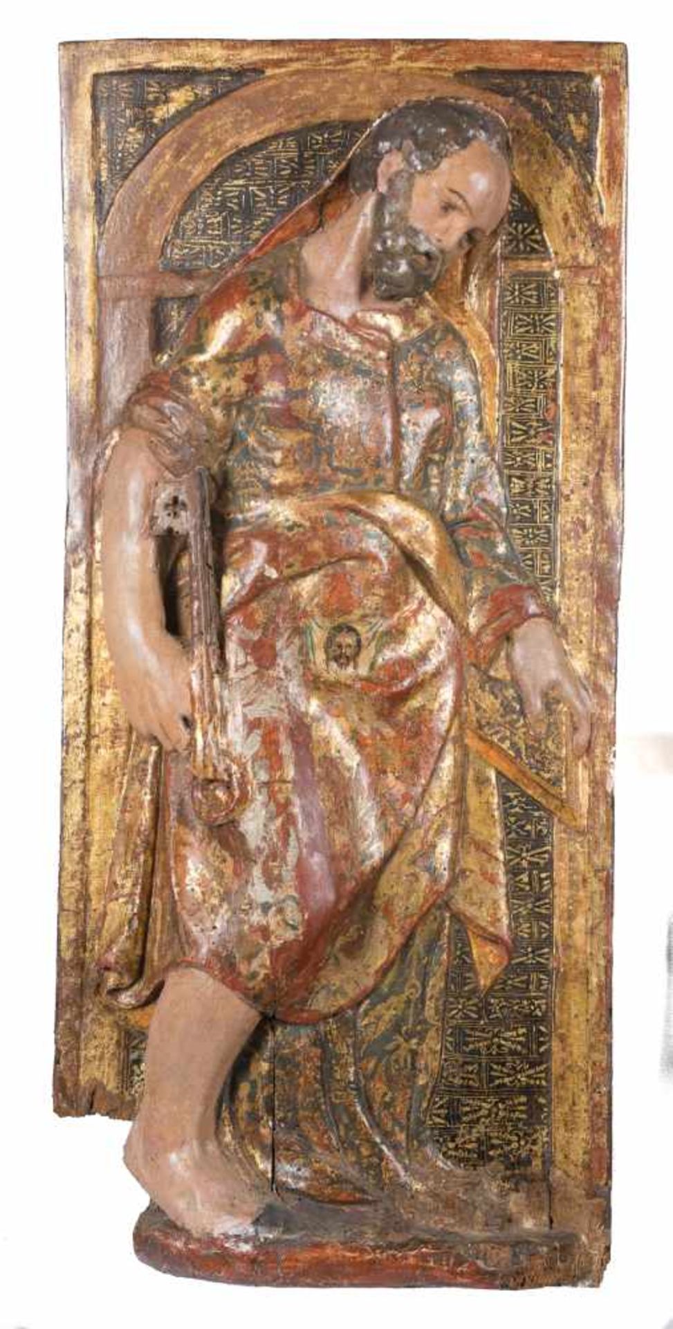 "St. Peter and St. Paul". Pair of carved, gilded and polychromed wooden reliefs. Spanish School. - Bild 4 aus 8