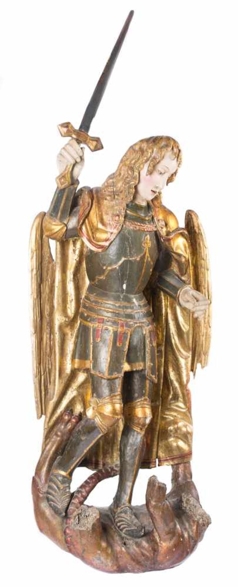 "Saint Michael" Carved, gilded and polychromed wooden sculpture. Southern Germany. Gothic. 15th - Bild 6 aus 9