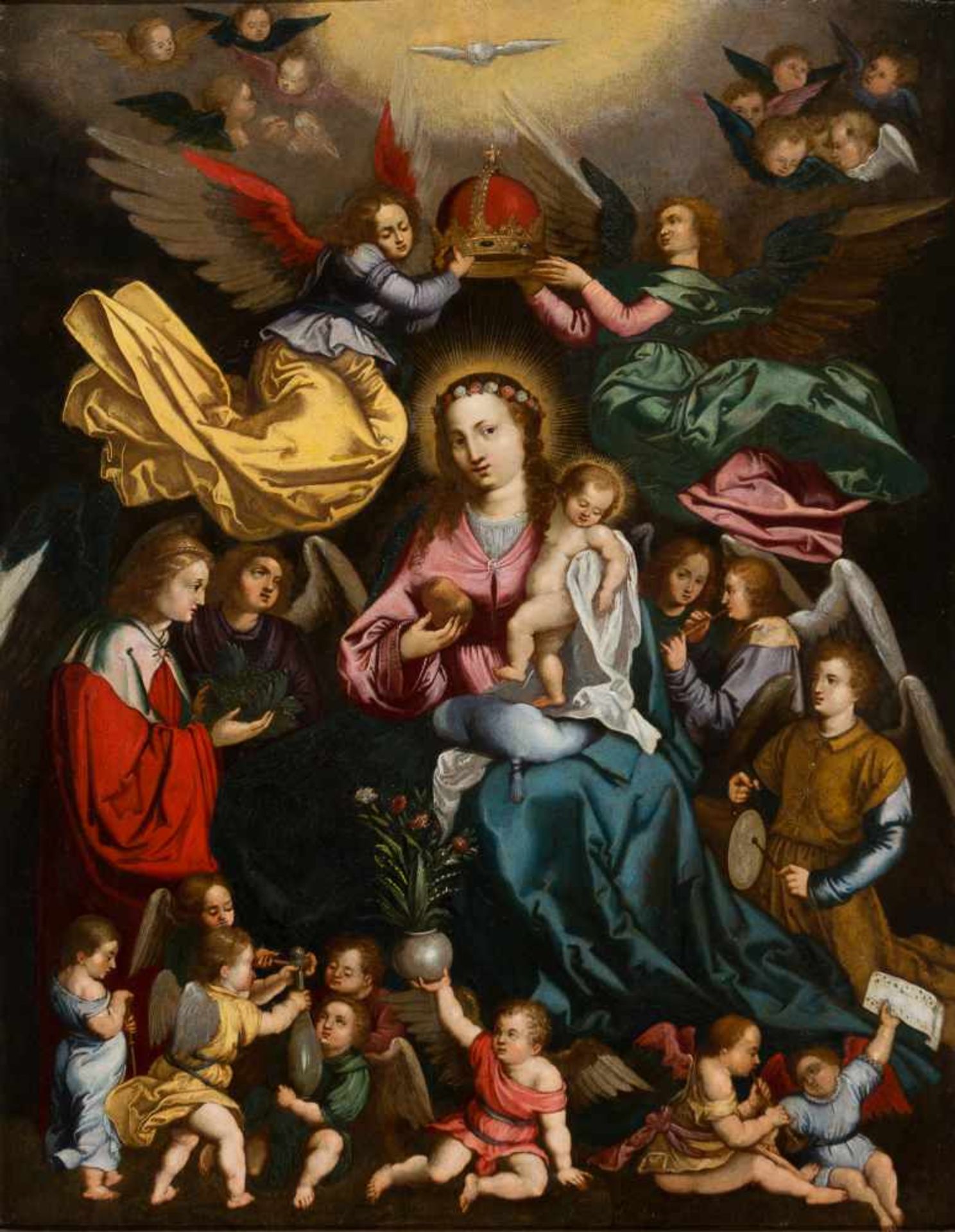 German or Flemish school of the 17th century"Virgin with crowned child"Oil on copper. 68 x 54 cm.