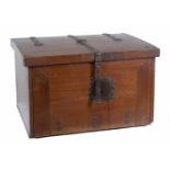 Wooden chest writing desk with iron fixtures. 16th century.The folding cover hides the inner drawers