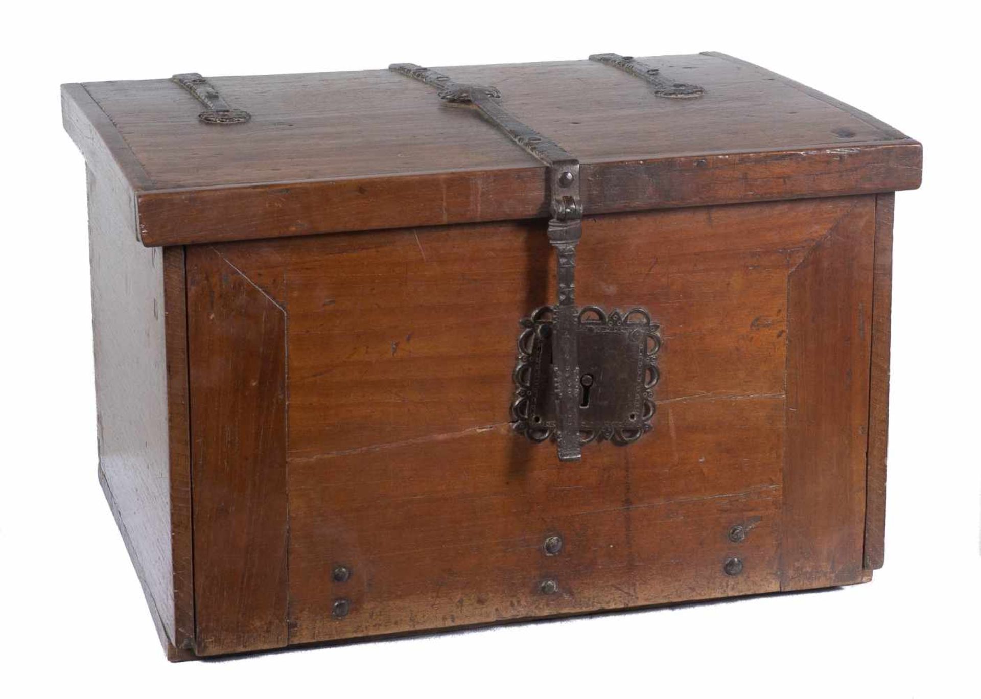 Wooden chest writing desk with iron fixtures. 16th century.The folding cover hides the inner drawers