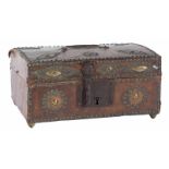 Wooden chest covered in studded leather with iron fixtures. Louis XIV period. Early 18th century.