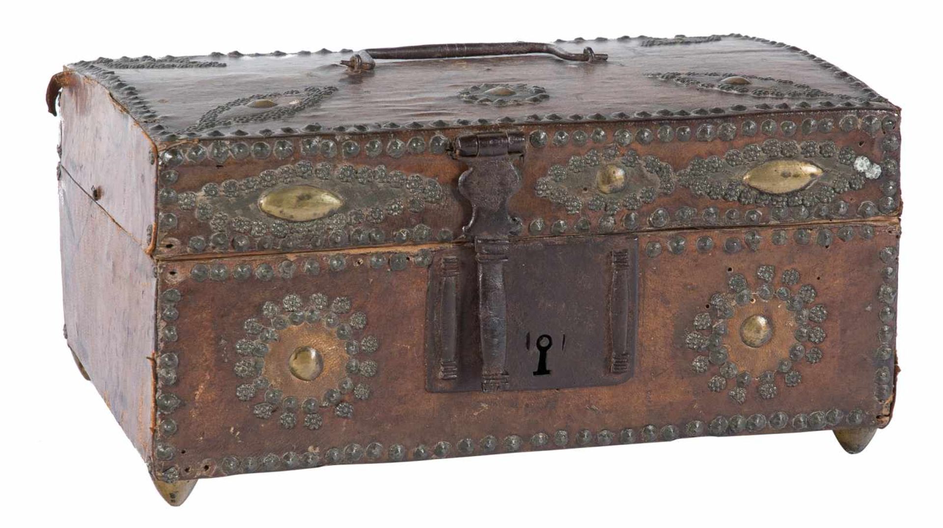 Wooden chest covered in studded leather with iron fixtures. Louis XIV period. Early 18th century.