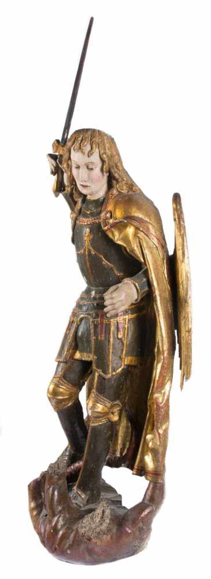 "Saint Michael" Carved, gilded and polychromed wooden sculpture. Southern Germany. Gothic. 15th - Bild 3 aus 9