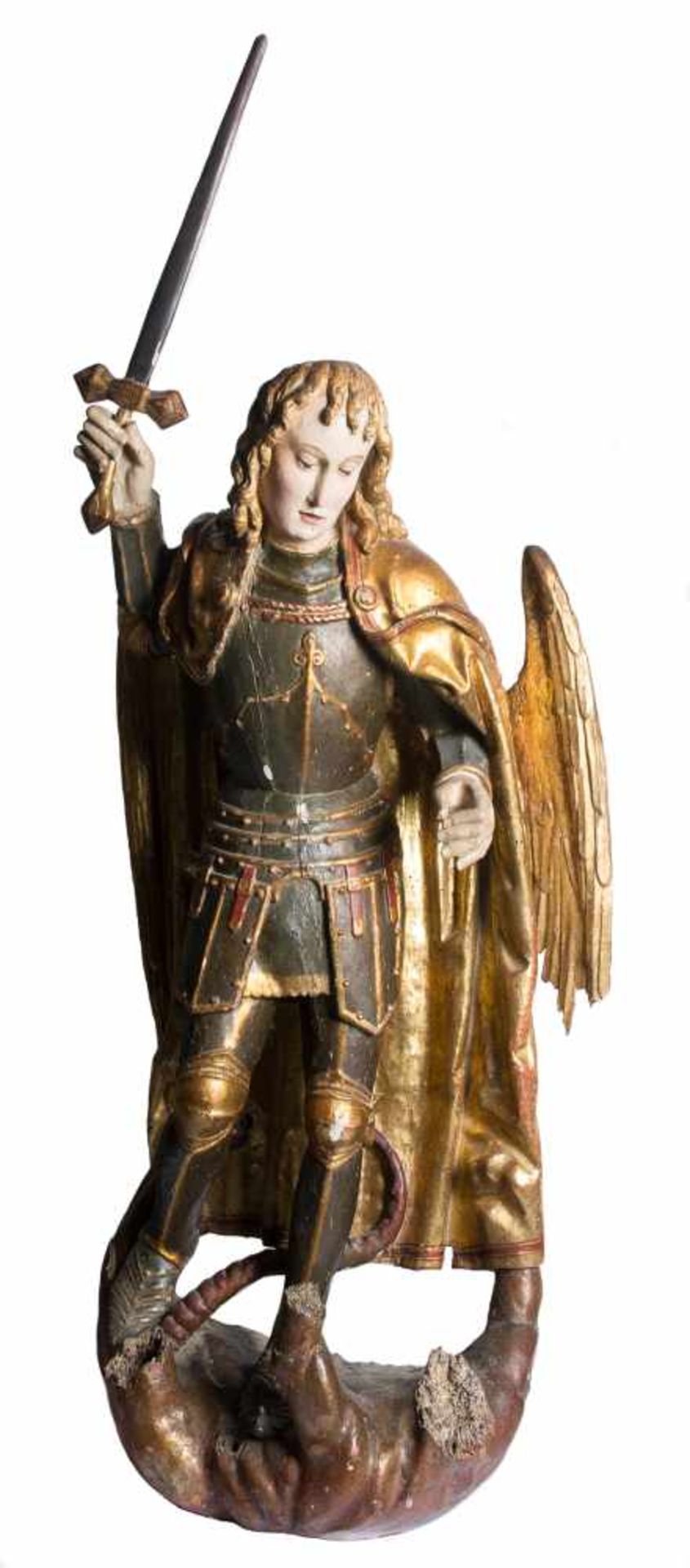 "Saint Michael" Carved, gilded and polychromed wooden sculpture. Southern Germany. Gothic. 15th - Bild 5 aus 9