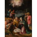 16th century Spanish School."The Adoration of the Shepherds"Oil on panel. 100 x 71 cm.- - -22.00 %