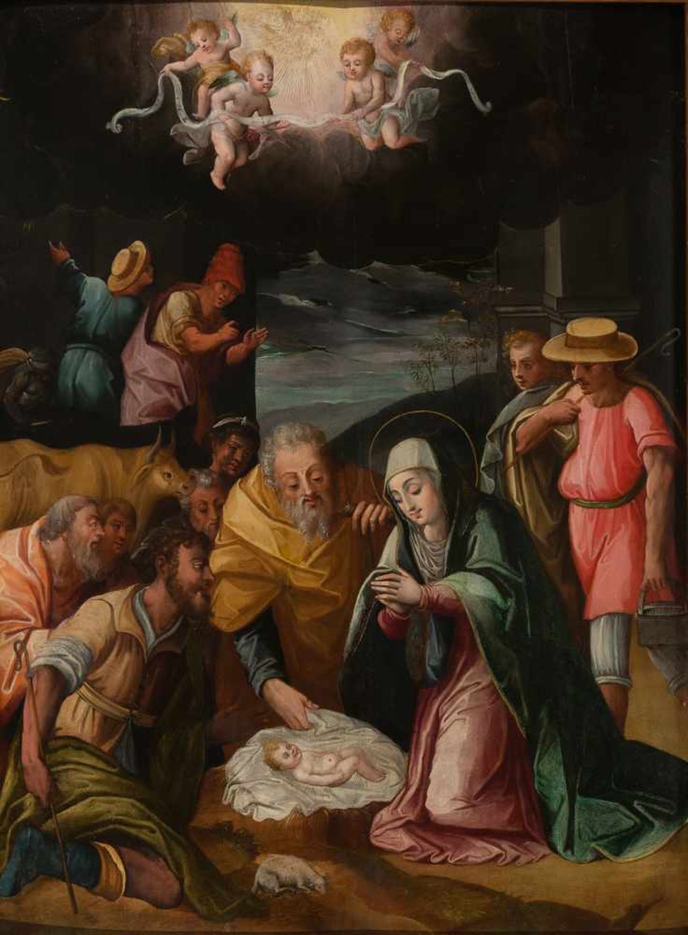 16th century Spanish School."The Adoration of the Shepherds"Oil on panel. 100 x 71 cm.- - -22.00 %