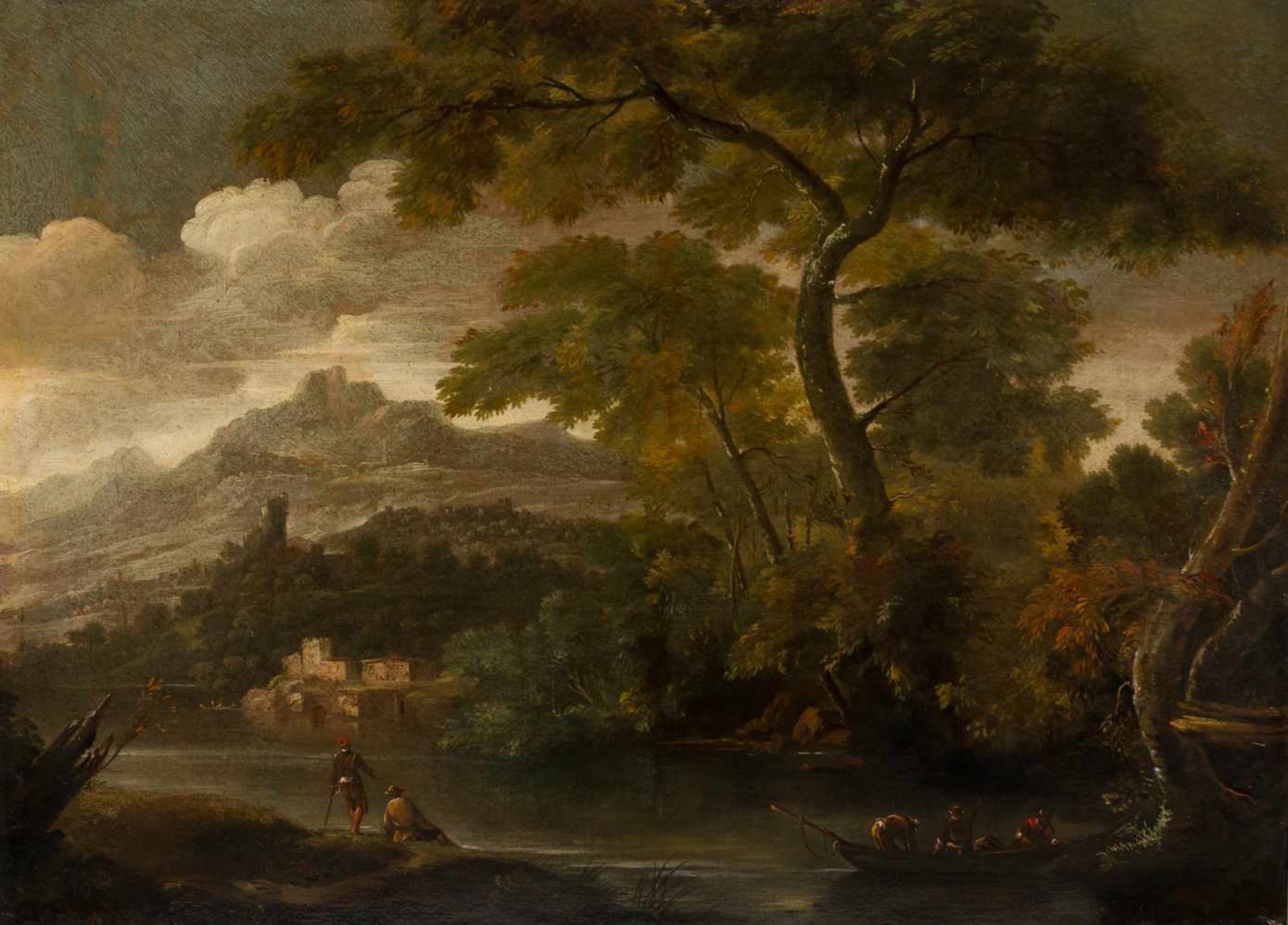 Attributed to Gaspard Dughet (Rome, 1615 - 1675)"Landscape with river"Oil on canvas. 90 x 125 cm.