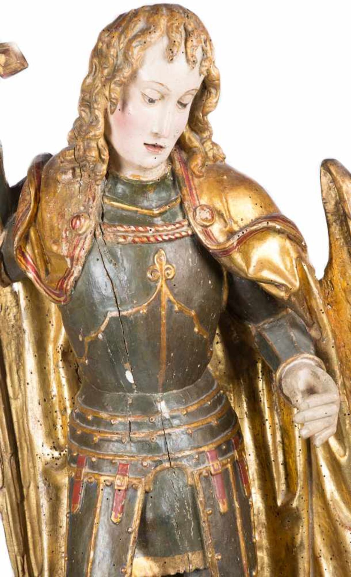 "Saint Michael" Carved, gilded and polychromed wooden sculpture. Southern Germany. Gothic. 15th - Bild 7 aus 9