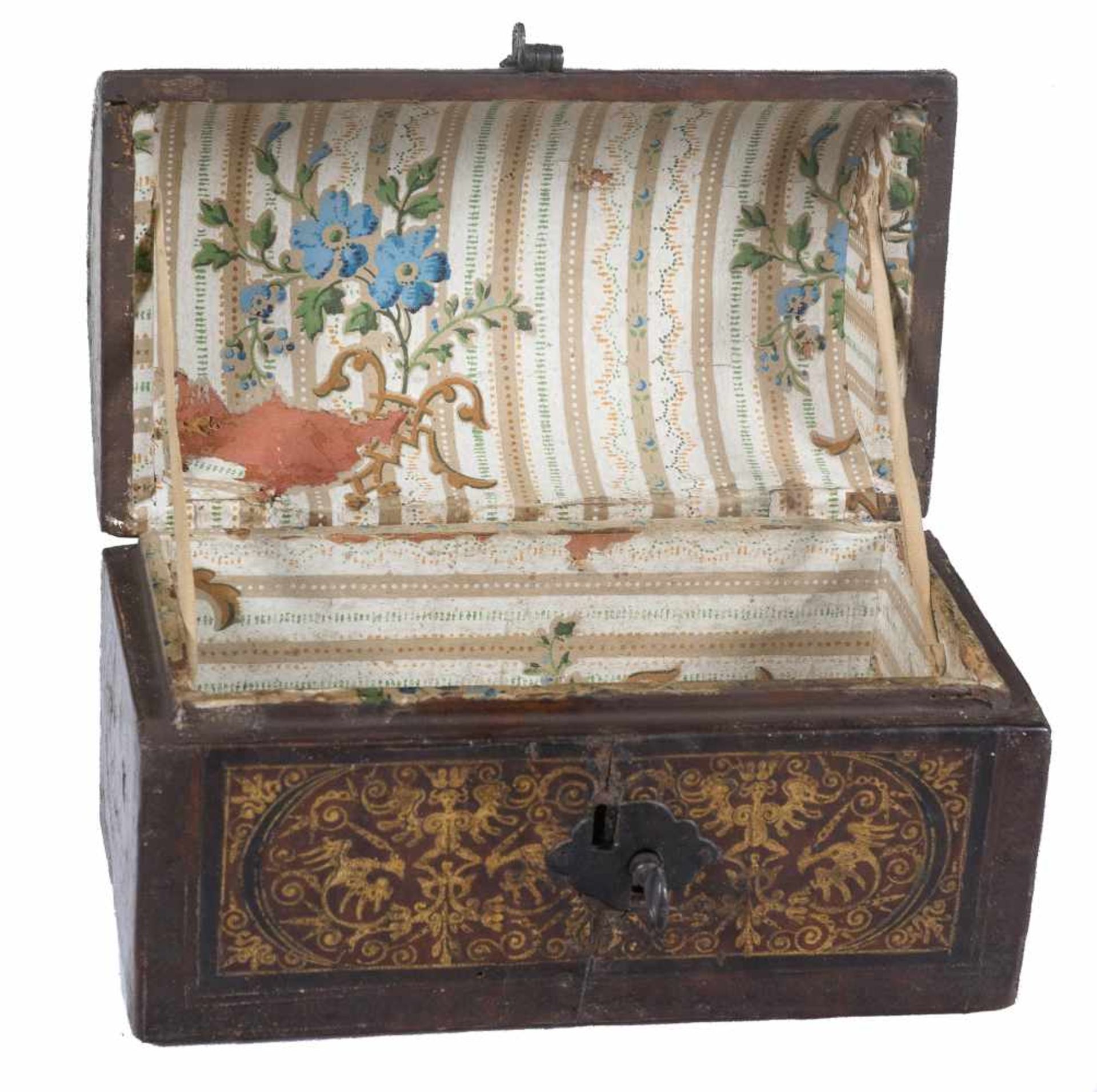 Wooden chest covered in leather with gold goffering and iron fittings. 17th century. The inside is - Bild 2 aus 3