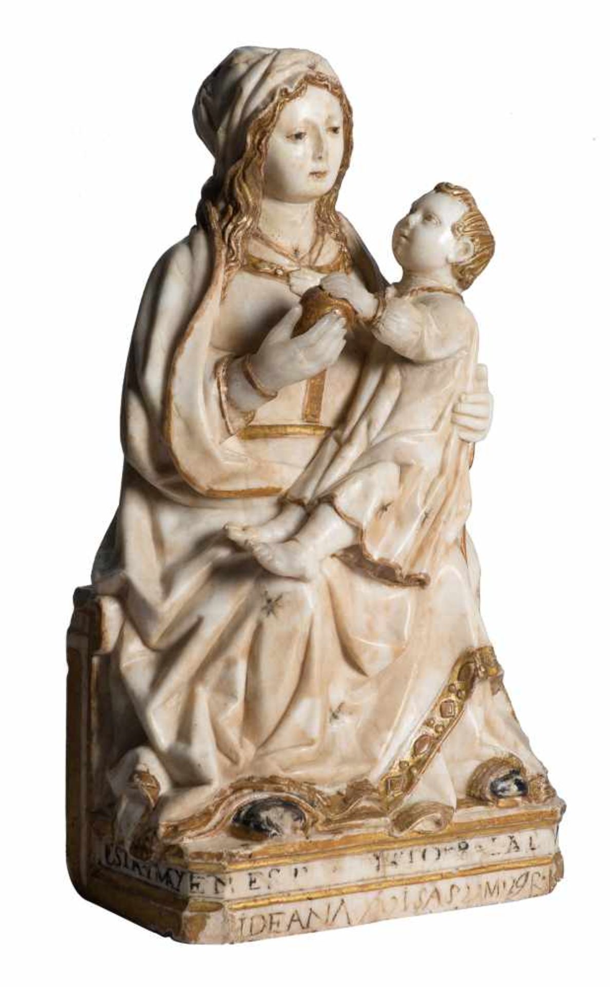 "Virgin in Majesty" (Sedes Sapientiae)". Alabaster sculpture with gilt and polychrome residue. - Bild 6 aus 11