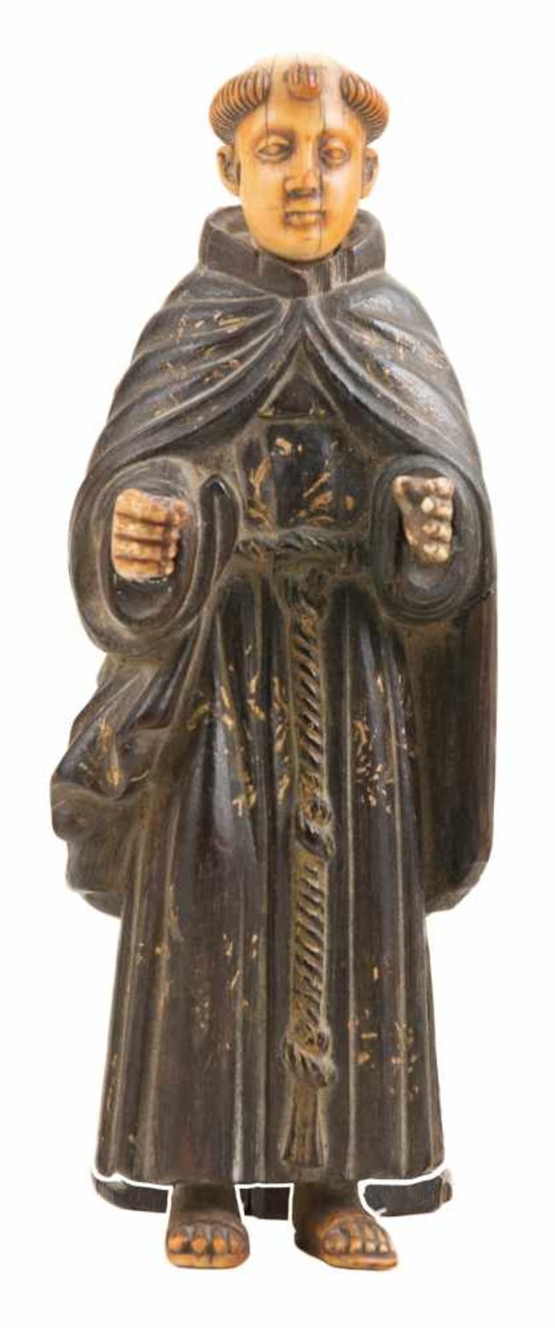 "Franciscan monk” Sculpted wood and ivory figure. Indo-Portuguese. 17th – 18th century.Height: 20,