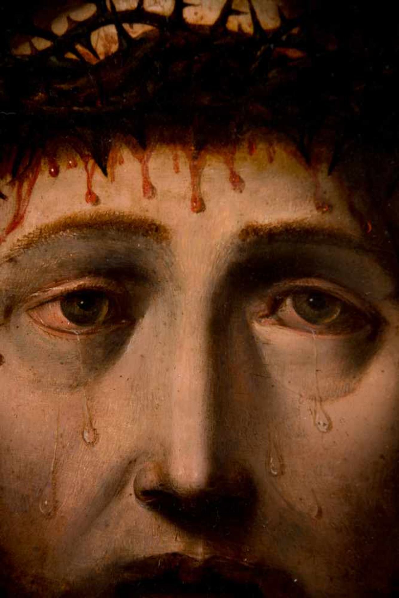 16th century Flemish School."Ecce Homo"Oil and gold illumination on panel. 37,9 x 29,1 cm.This - Bild 4 aus 7