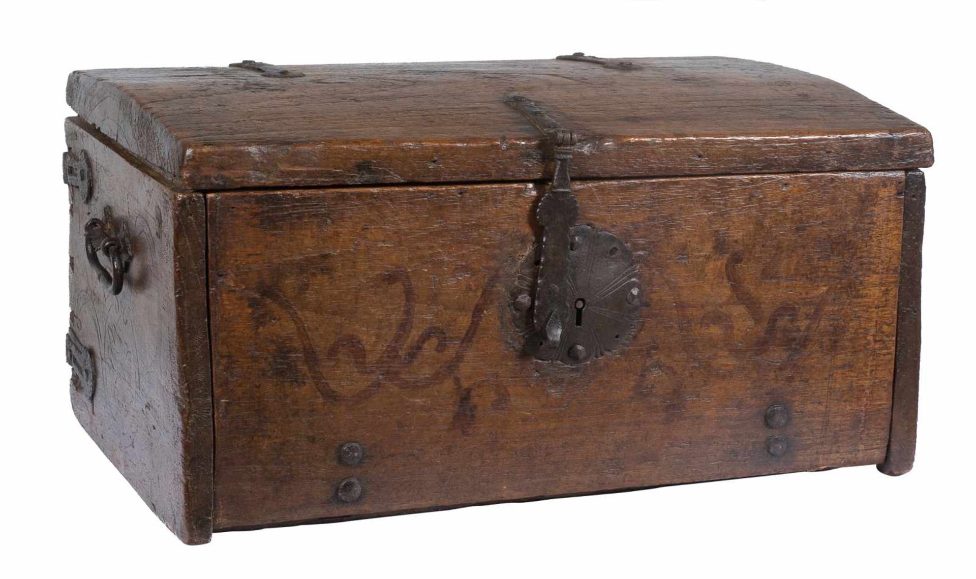 Carved and polychromed wooden chest with iron fittings. Colonial. Mexico or Colombia. 17th century.