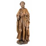 "Saint Peter". Carved oak wood sculpture with polychrome residue. Dutch or German School. Circa