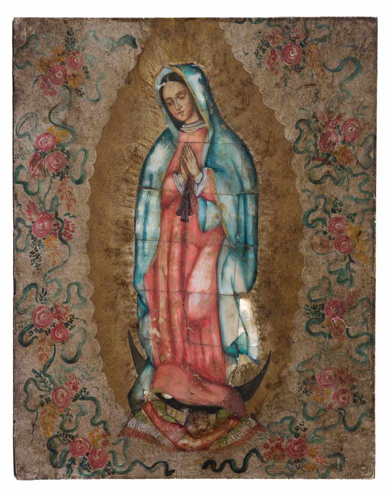 20th century Colonial School"Virgin of Guadalupe"Oil and “enconchado” (mother-of-pearl inlaid into