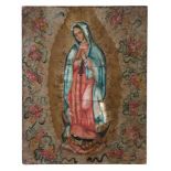 20th century Colonial School"Virgin of Guadalupe"Oil and “enconchado” (mother-of-pearl inlaid into