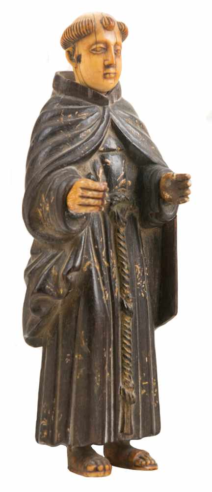 "Franciscan monk” Sculpted wood and ivory figure. Indo-Portuguese. 17th – 18th century.Height: 20, - Image 2 of 2