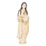 "Madonna and Child" Carved ivory figure with polychrome and gilt residue. Indo-Portuguese. 18th –