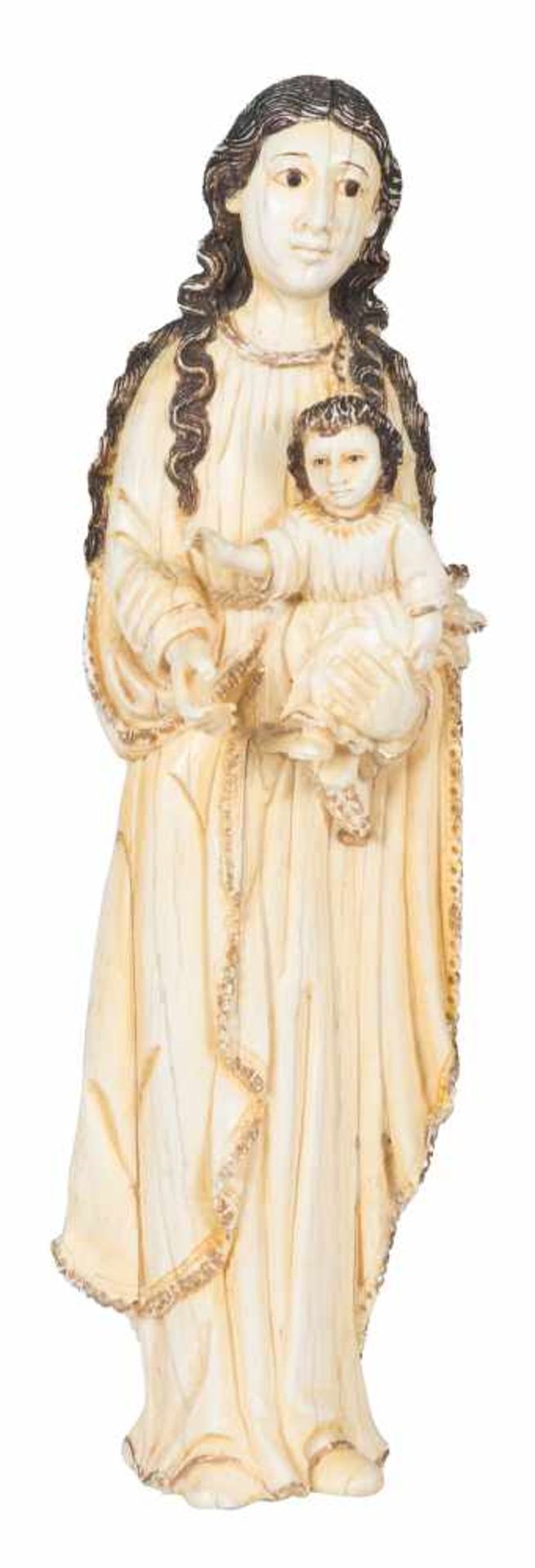 "Madonna and Child" Carved ivory figure with polychrome and gilt residue. Indo-Portuguese. 18th –