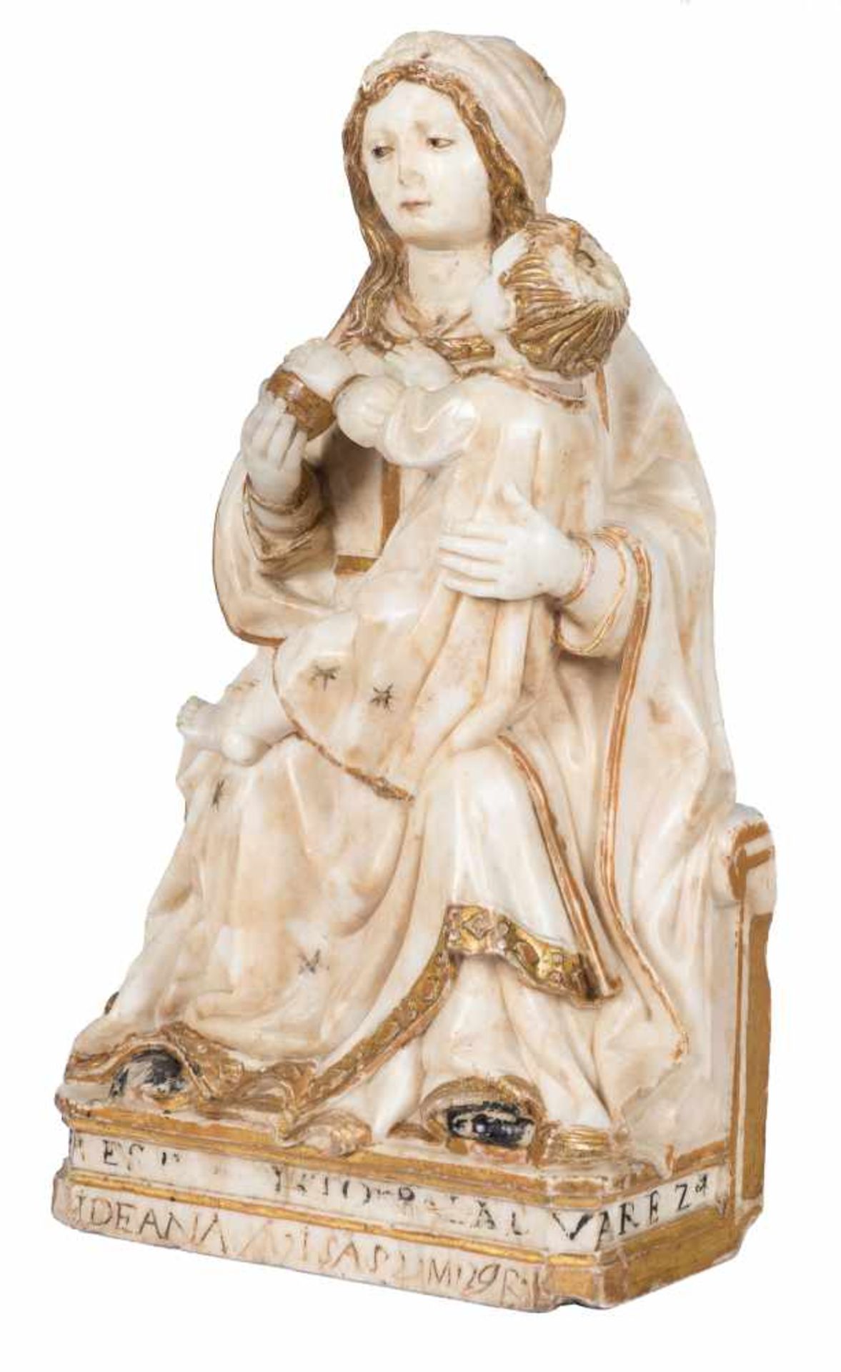 "Virgin in Majesty" (Sedes Sapientiae)". Alabaster sculpture with gilt and polychrome residue. - Bild 5 aus 11