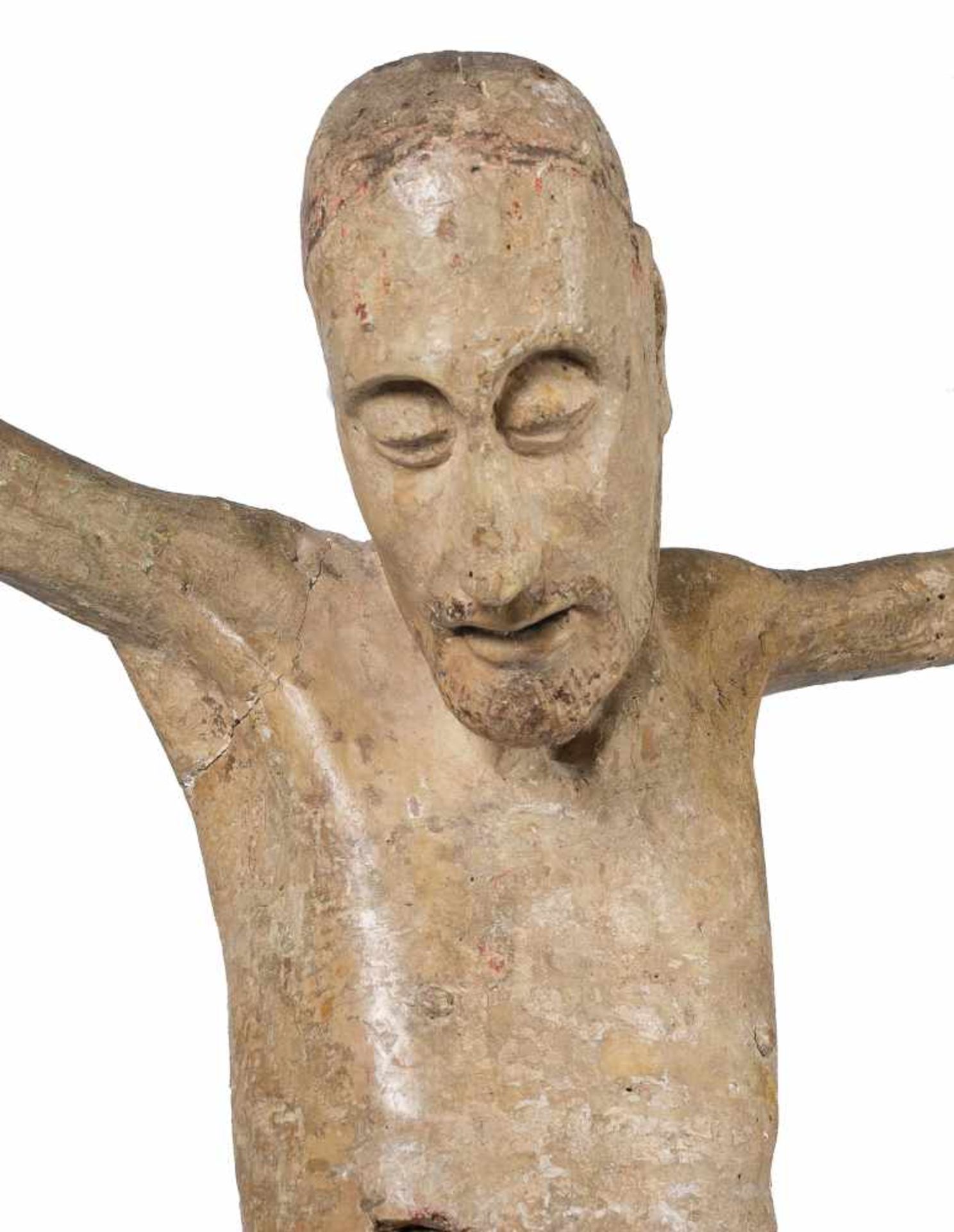 "Christ" Carved wooden sculpture with polychrome residue. Possibly Italian. Gothic. 14th – 15th - Bild 2 aus 9