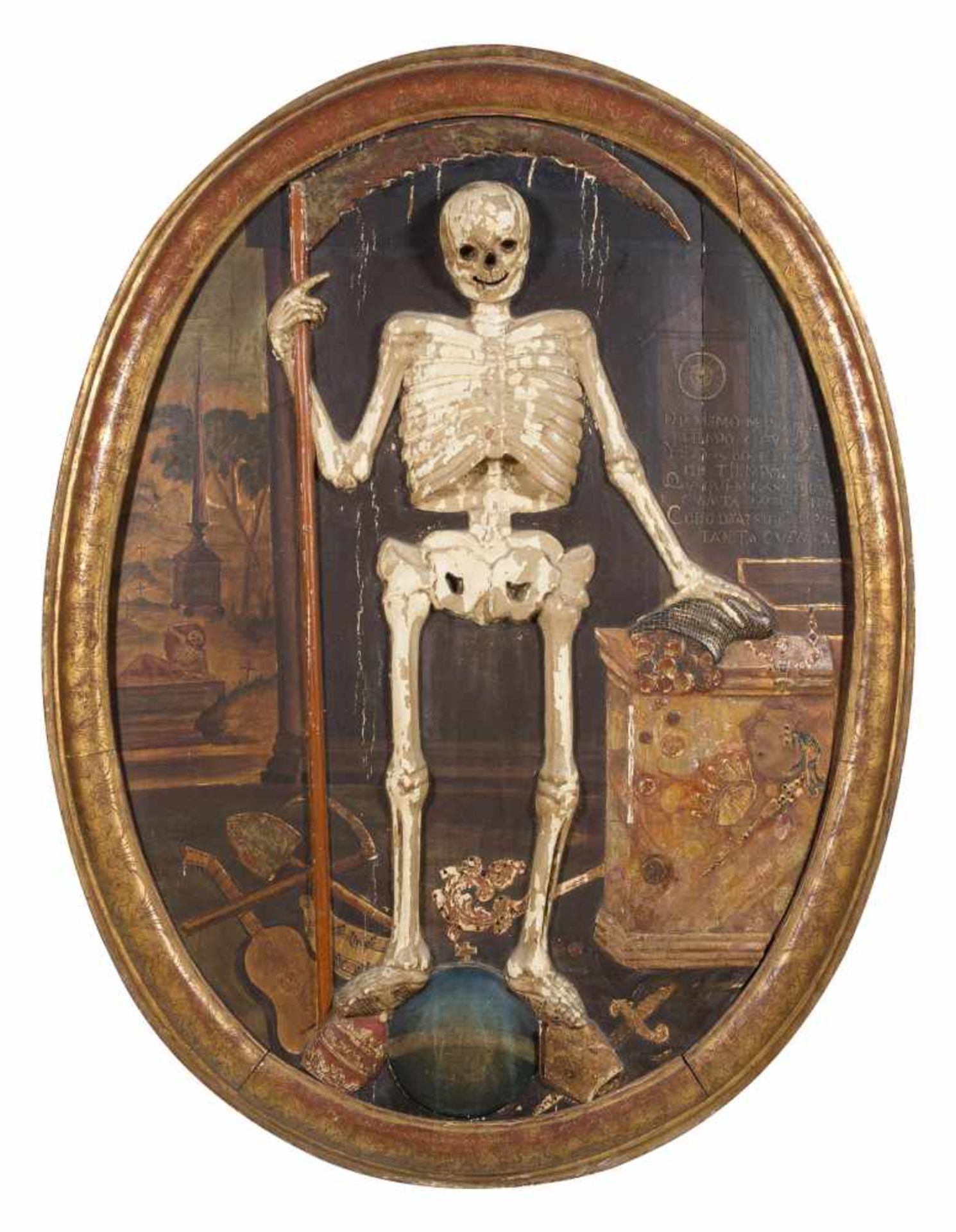 "Allegory of Death - Vanitas". Colonial School. Mexico. Late 17th century.Exceptional and unusual