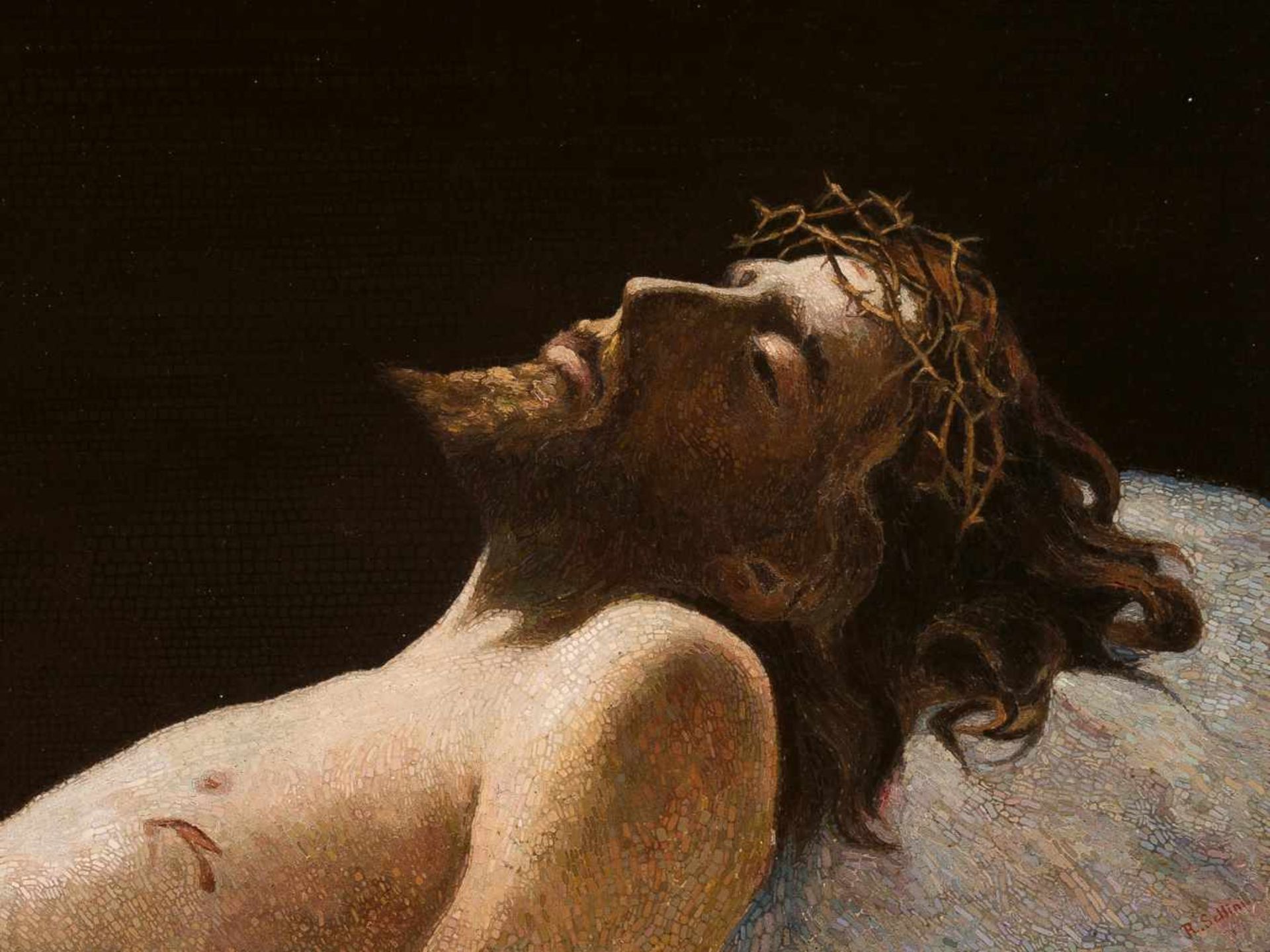 Romolo Sellini (Italy, 1914 - 1998)"The Dead Christ"Micromosaic. Signed. 30 x 38 cm.Italian