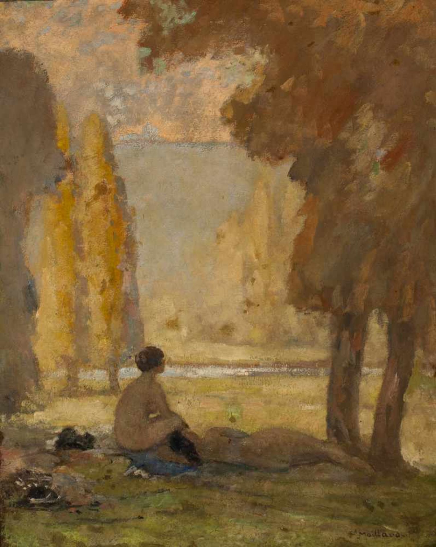 Fernad Maillaud (France, 1863 - 1948)"Lake with bather"Oil on canvas. Signed. Carved and gilded