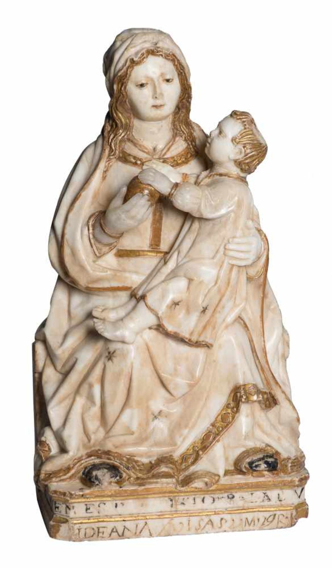 "Virgin in Majesty" (Sedes Sapientiae)". Alabaster sculpture with gilt and polychrome residue. - Bild 3 aus 11