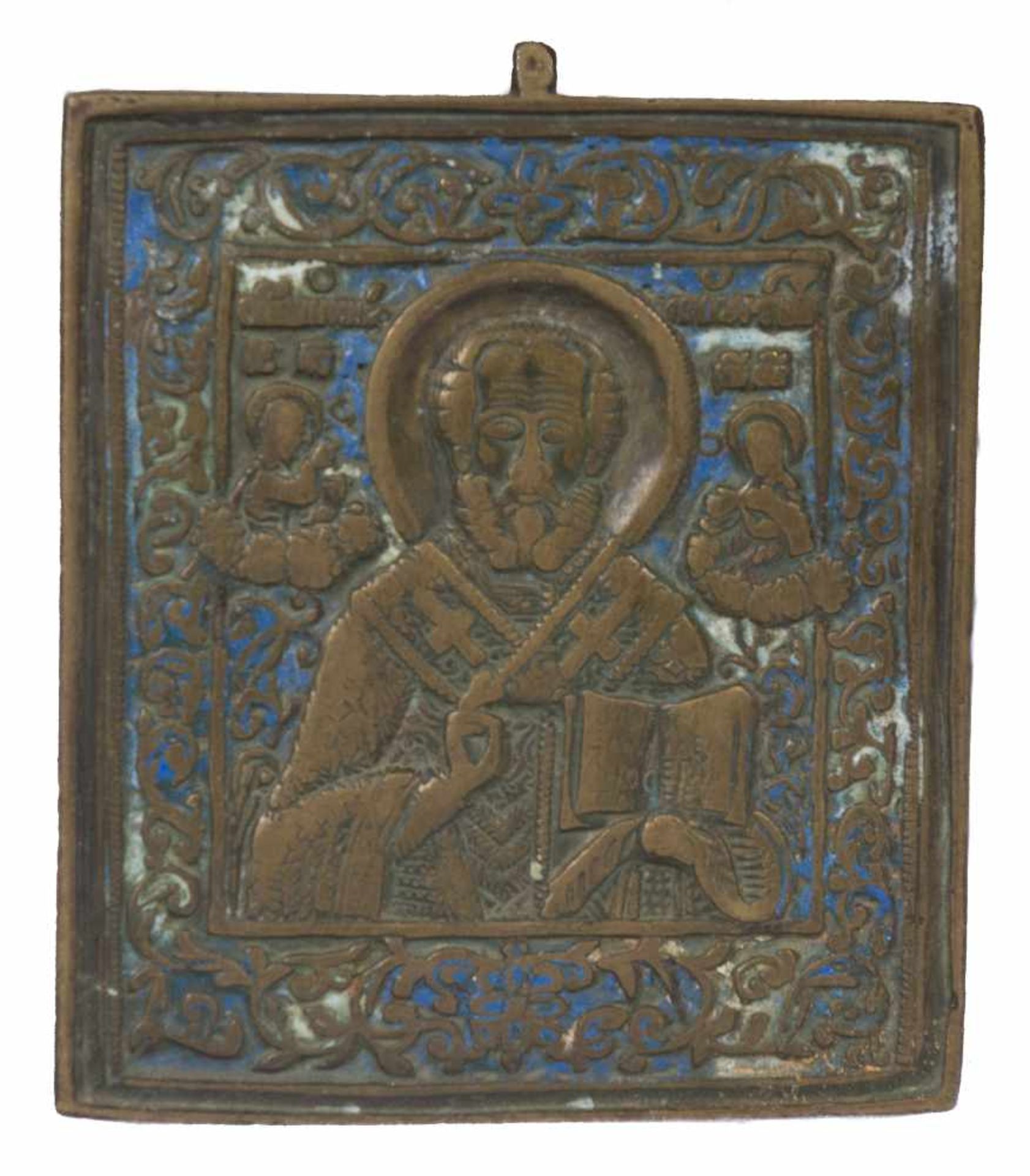 Bronze and champlevé enamel portable icon. Russia. 19th century.10 x 9 cm.- - -22.00 % buyer's