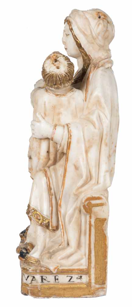 "Virgin in Majesty" (Sedes Sapientiae)". Alabaster sculpture with gilt and polychrome residue. - Image 9 of 11