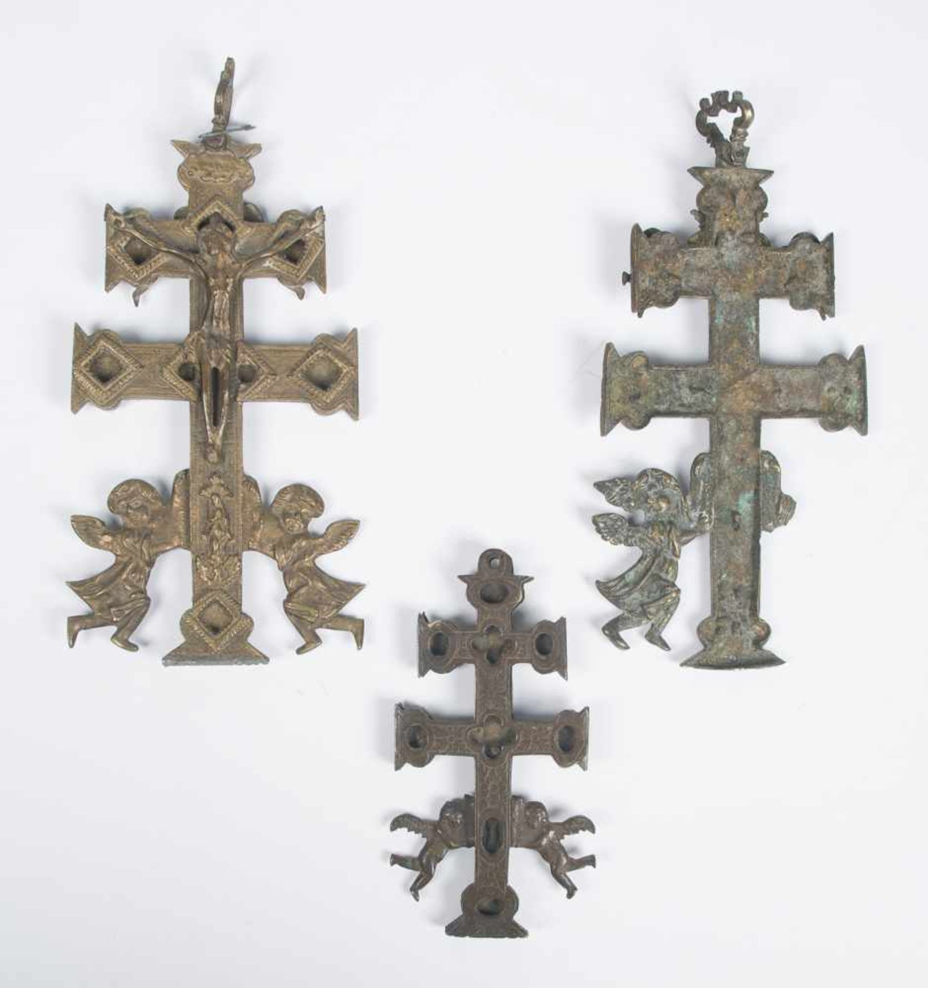 Collection of three bronze Caravaca crosses. 18th – 19th century.Two complete, double-sided crosses, - Bild 2 aus 2