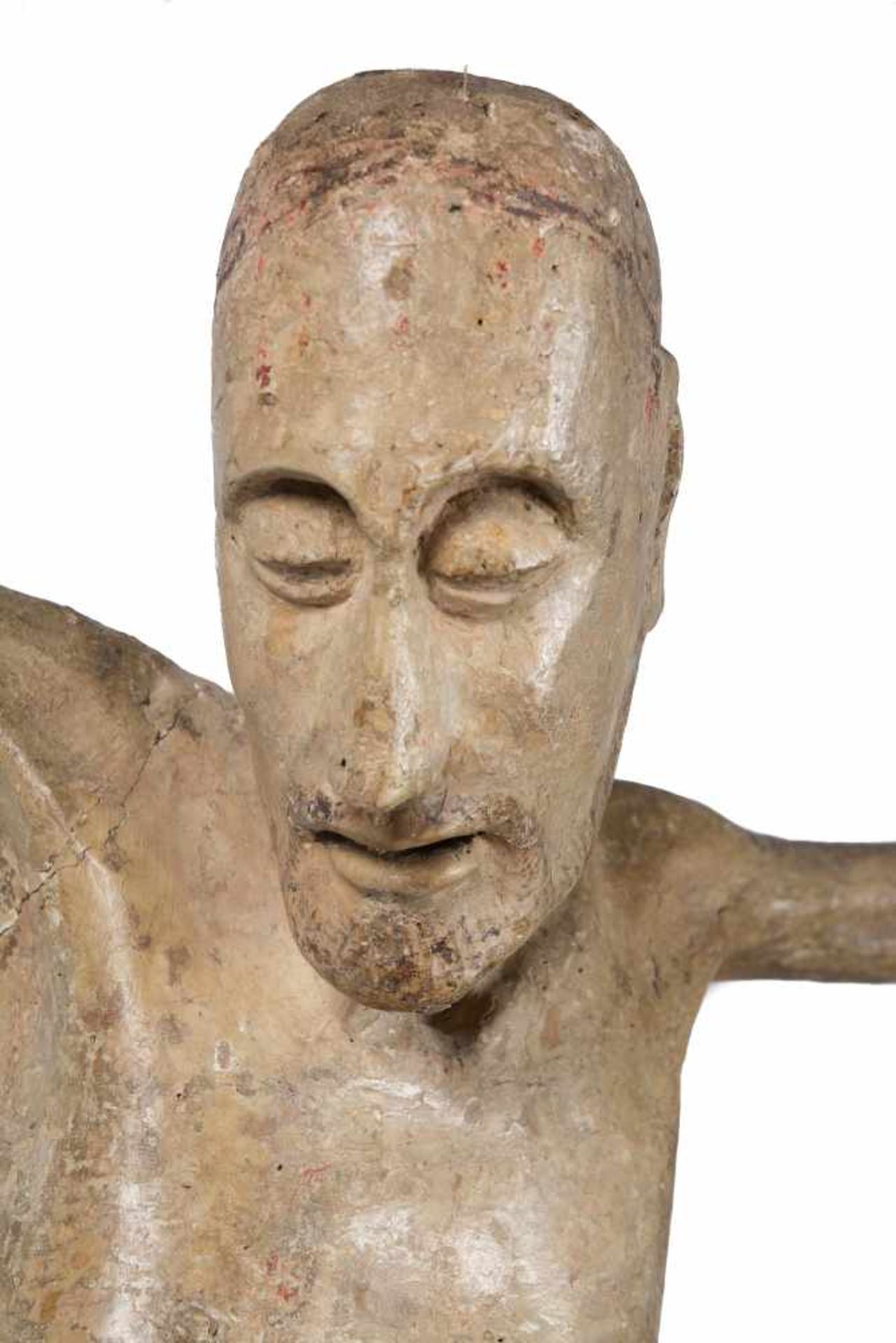 "Christ" Carved wooden sculpture with polychrome residue. Possibly Italian. Gothic. 14th – 15th - Bild 8 aus 9