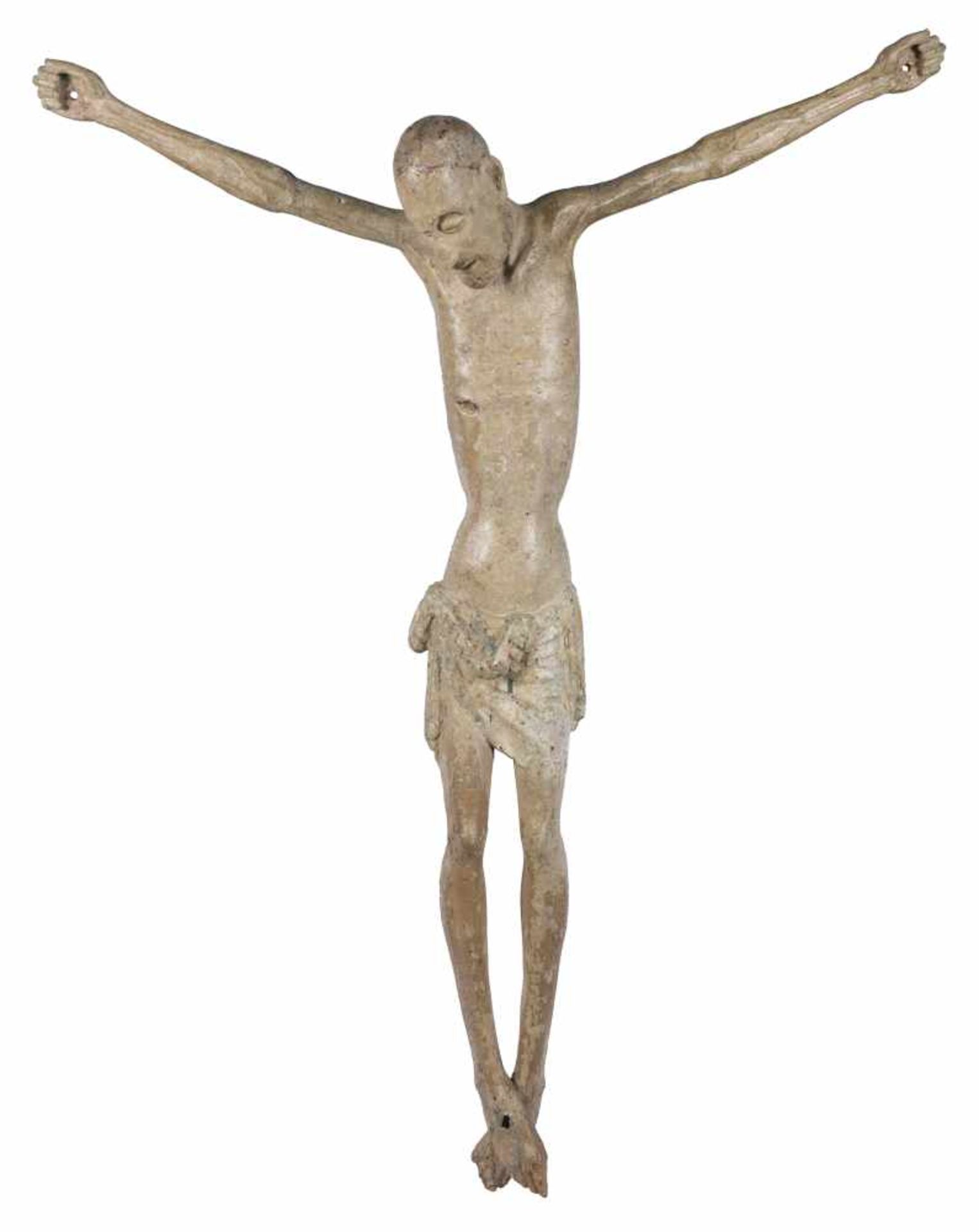 "Christ" Carved wooden sculpture with polychrome residue. Possibly Italian. Gothic. 14th – 15th