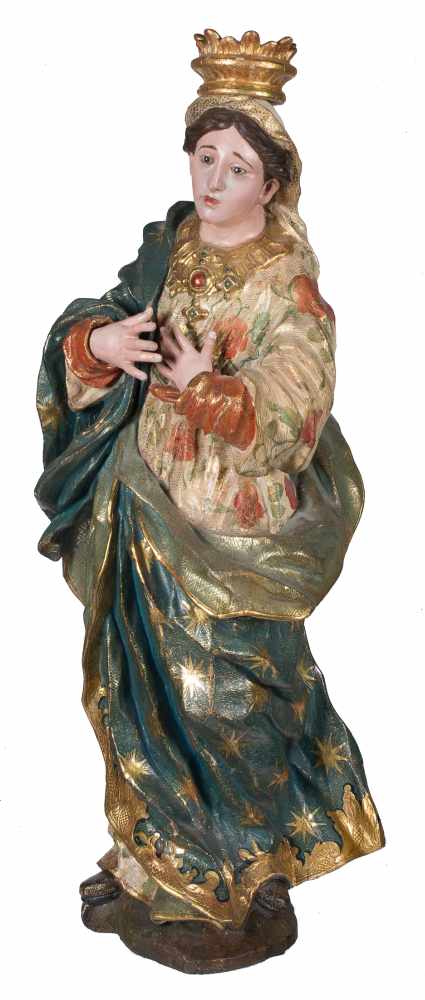 "Lady of Sorrow". Carved, polychromed, gilded and estofado sculpture. Novo-Hispanic. Colonial. - Image 3 of 7