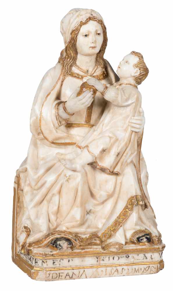 "Virgin in Majesty" (Sedes Sapientiae)". Alabaster sculpture with gilt and polychrome residue.