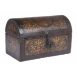 Wooden chest covered in leather with gold goffering and iron fittings. 17th century. The inside is