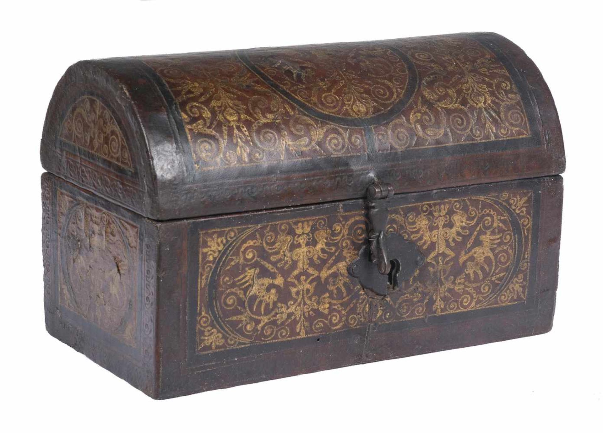 Wooden chest covered in leather with gold goffering and iron fittings. 17th century. The inside is