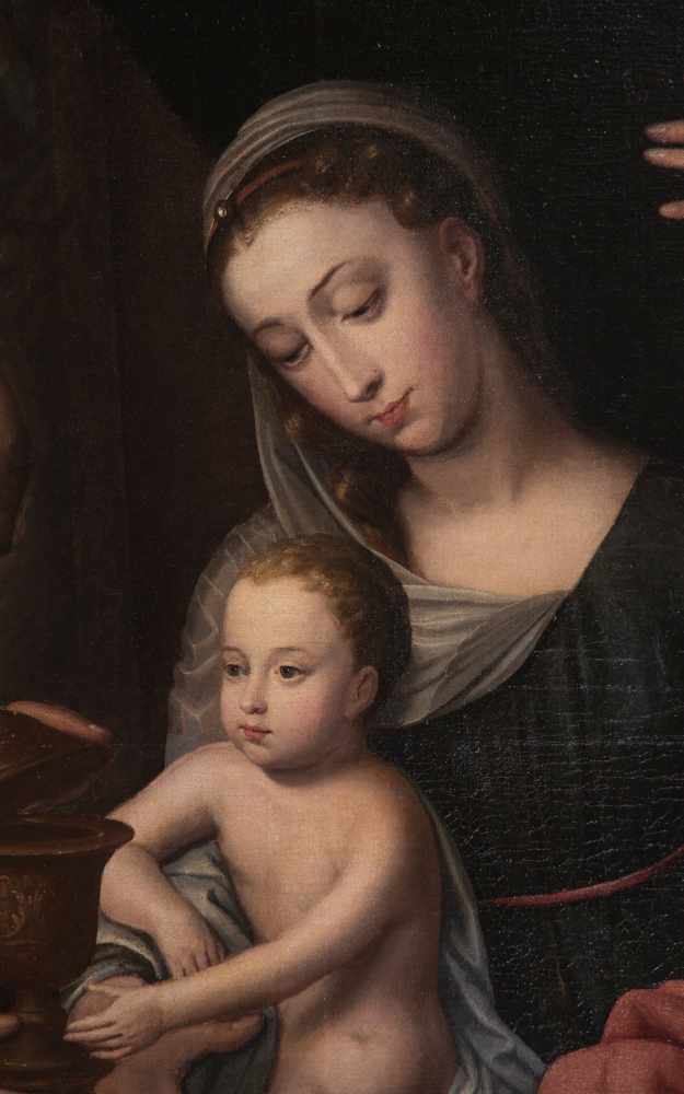 16th Century Hispanic Flemish School. Follower of Ambrosius Benson."Holy Family"Oil on canvas. - Image 2 of 5