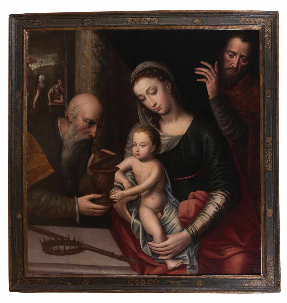 16th Century Hispanic Flemish School. Follower of Ambrosius Benson."Holy Family"Oil on canvas.