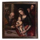 16th Century Hispanic Flemish School. Follower of Ambrosius Benson."Holy Family"Oil on canvas.