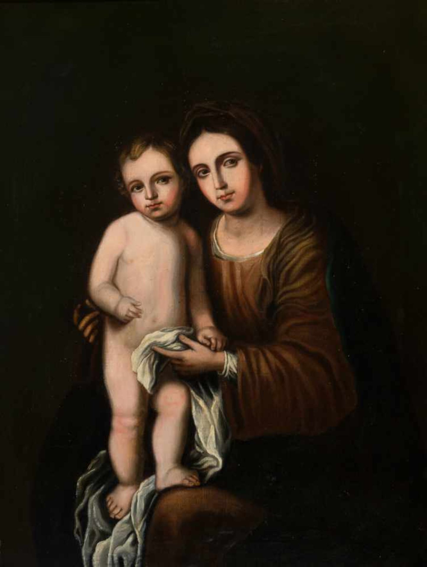Late 18th century Spanish School."Madonna and Child"Oil on canvas. In the style of the Murillo