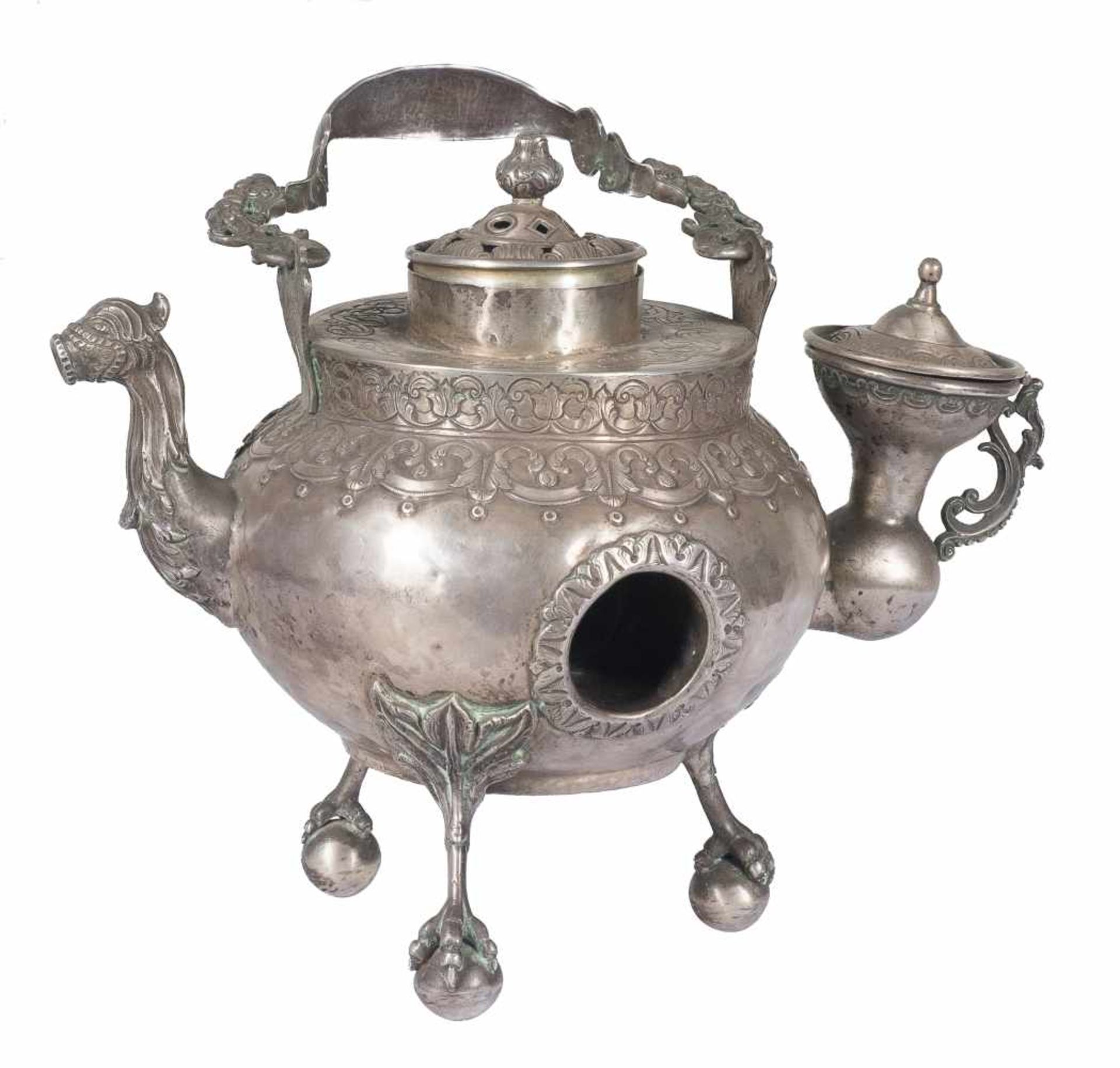 "Pava or Pavo Hornillo" (mate kettle). Hammered silver figure, cast, embossed and chased. Upper