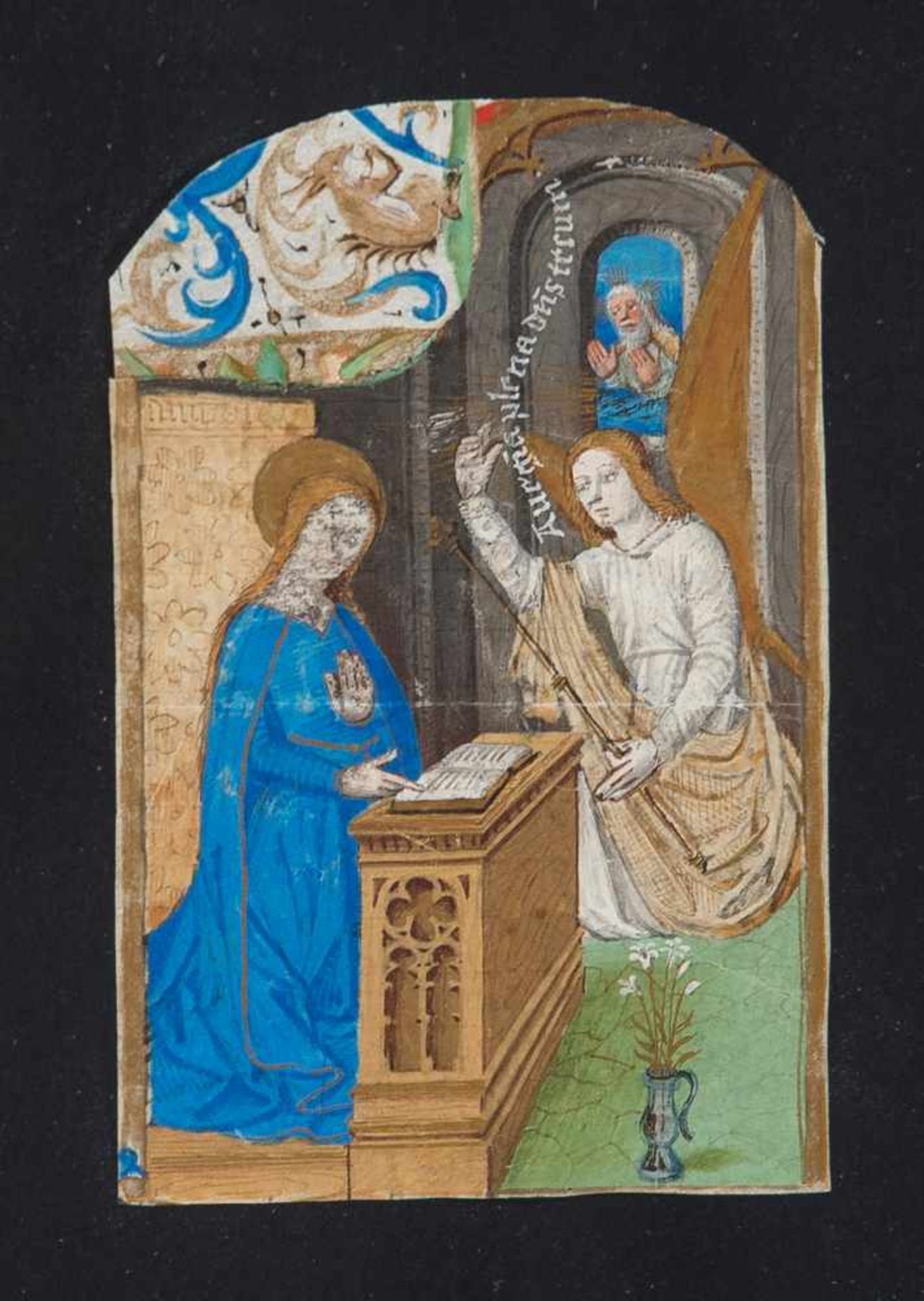 Set of three illuminated miniatures. Gothic. 15th century.Representing scenes from the life of Mary,
