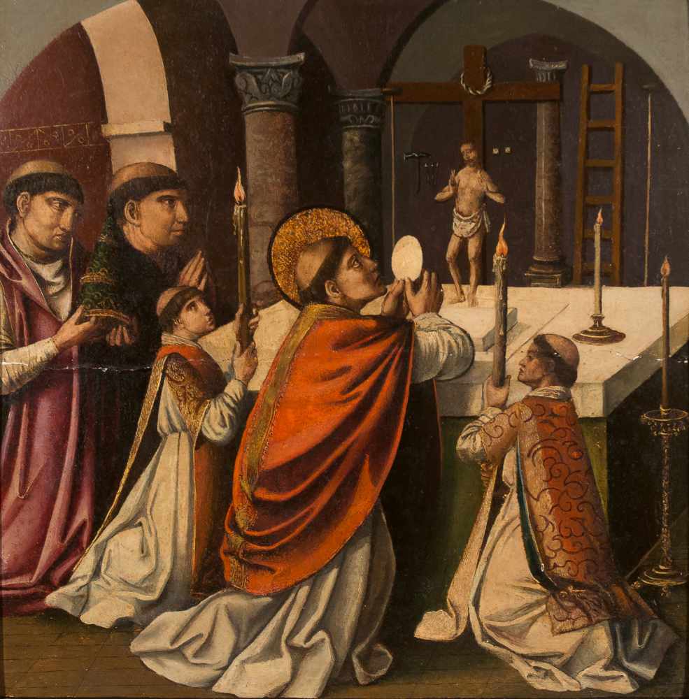 16th century Spanish School"The Mass of Saint Gregory"Tempera on panel. 54 x 57,5 cm.- - -22.00 %