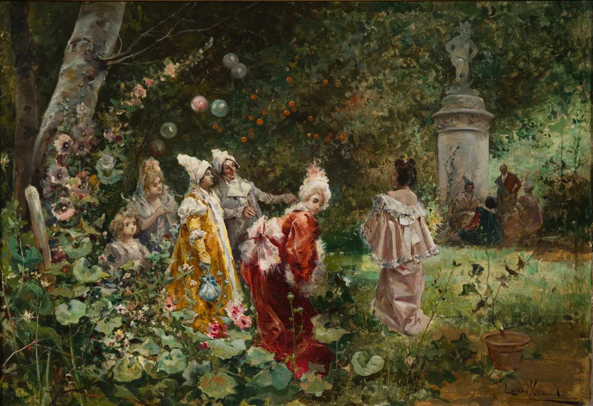 Eugenio Lucas Villaamil (Madrid, 1858 - 1918)"Party in the park"Oil on panel. Signed. 28 x 41 cm.- -