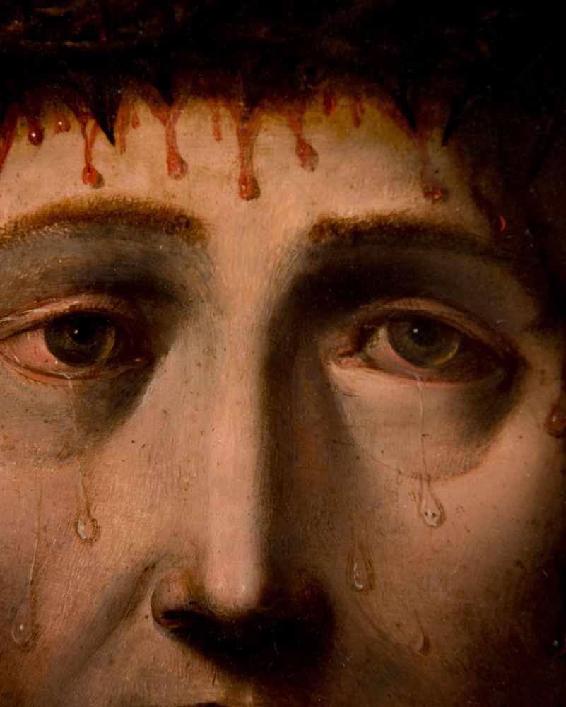 16th century Flemish School."Ecce Homo"Oil and gold illumination on panel. 37,9 x 29,1 cm.This - Image 3 of 7