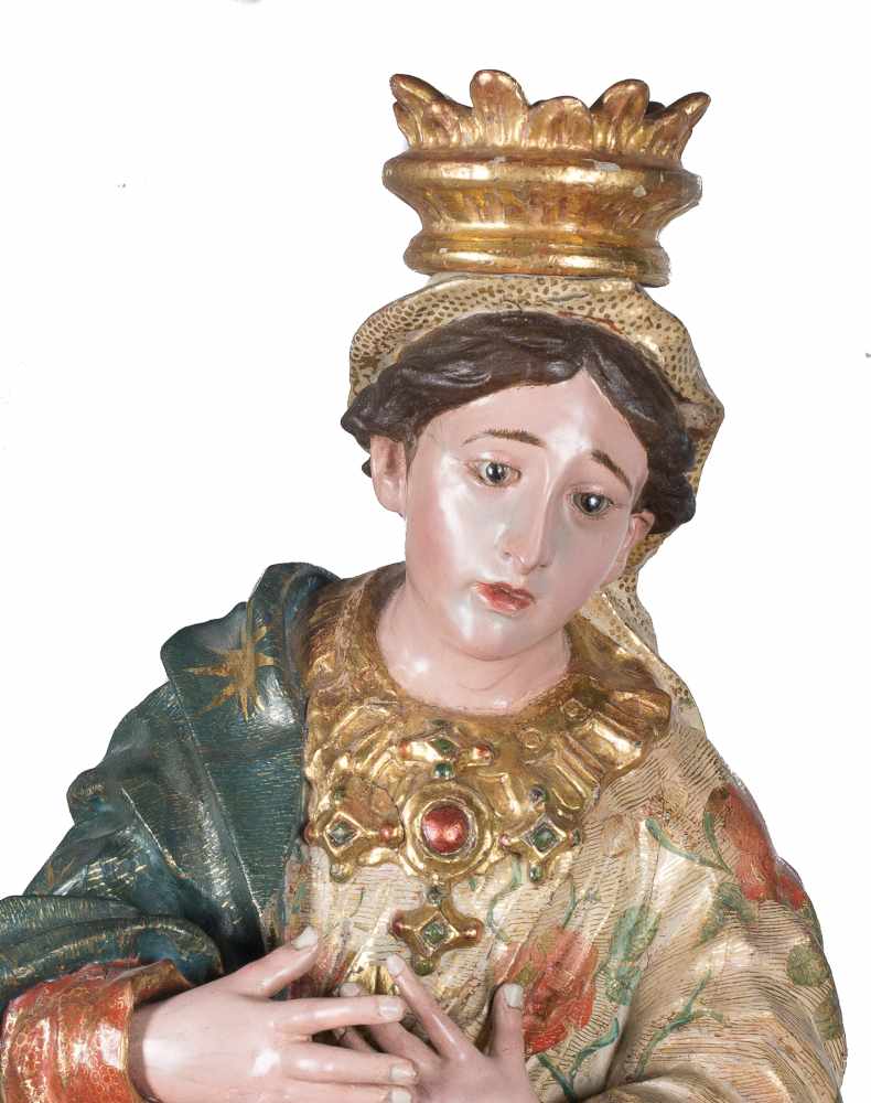 "Lady of Sorrow". Carved, polychromed, gilded and estofado sculpture. Novo-Hispanic. Colonial. - Image 4 of 7