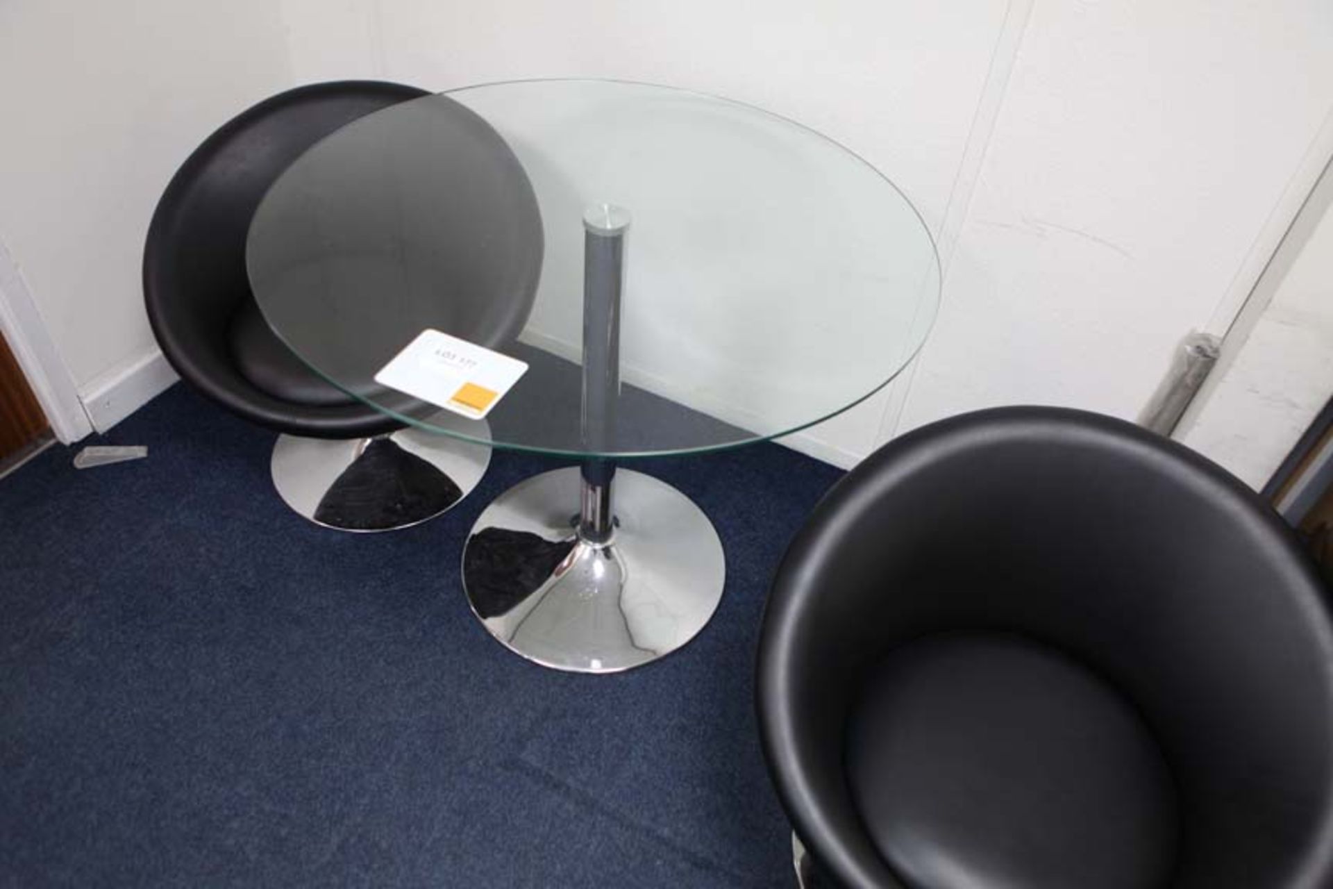 Circular Glass Topped table 900 dia and 2 low chairs